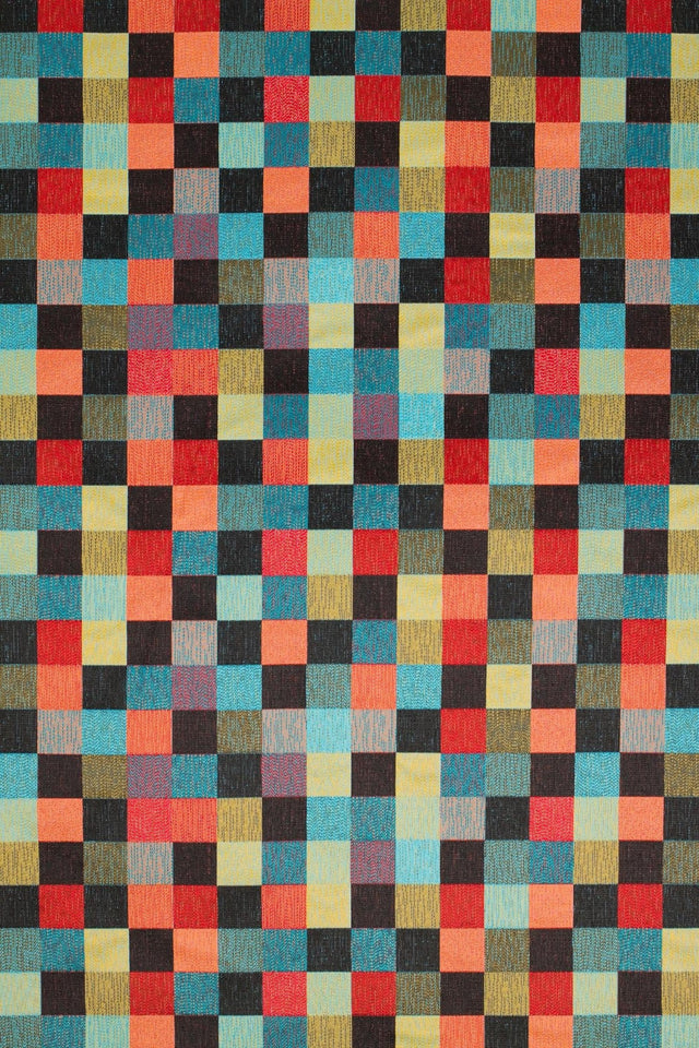 TURKOS-ORANGE KONFETTI-RUTOR PÅ SVART BARCELONA JACQUARD DEKORATIONSTYG – KONFETTIRUTOR
