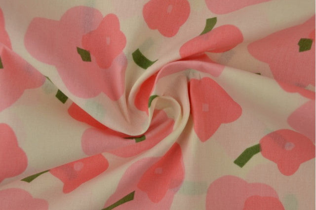 Creme bomuldspoplin med valmueprint – pink & grøn, metervare til erhverv (billede 3 af 3)