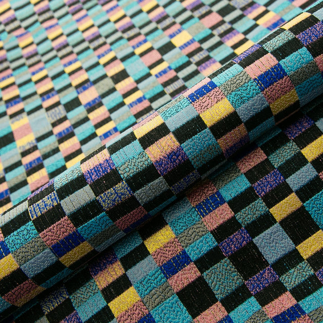 PASTELL KONFETTI-RUTOR PÅ SVART BARCELONA JACQUARD DEKORATIONSTYG – KONFETTIRUTOR