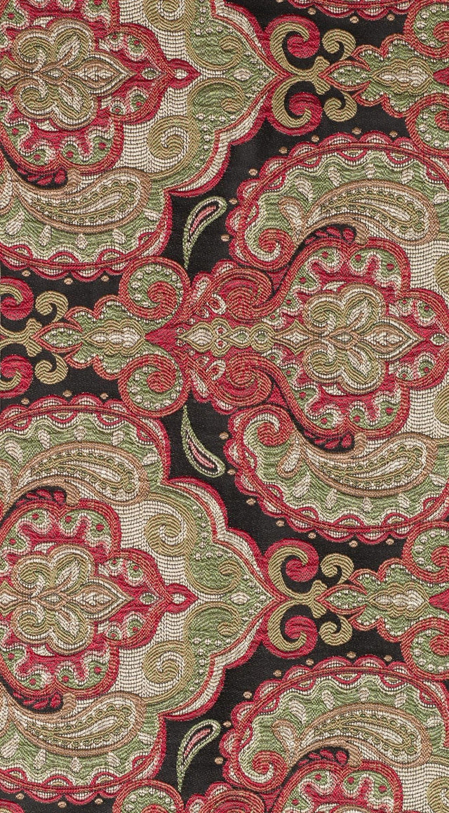 RUBINRÖD PAISLEY PÅ SVART BOMBAJ JACQUARD MÖBELTYG – PAISLEY-MÖNSTER