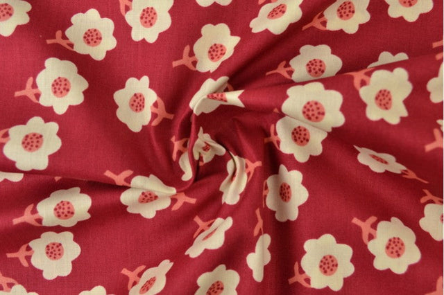 Rød bomuldspoplin med hvidt ditsy blomsterprint, metervare til erhverv (billede 3 af 3)