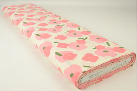Creme bomuldspoplin med valmueprint – pink & grøn, metervare til erhverv (billede 2 af 3)