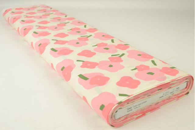 Creme bomuldspoplin med valmueprint – pink & grøn, metervare til erhverv (billede 2 af 3)