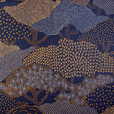 Jacquard-gardinstof med japansk landskabsmotiv — marineblå, stofprøve